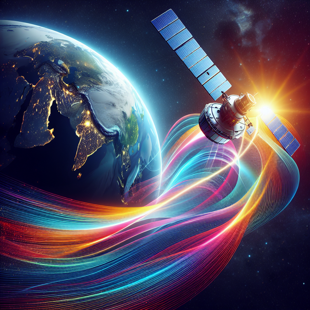Satélite orbitando la Tierra, transmitiendo ondas de datos, para la triangulación de ubicación del posicionamiento global.
